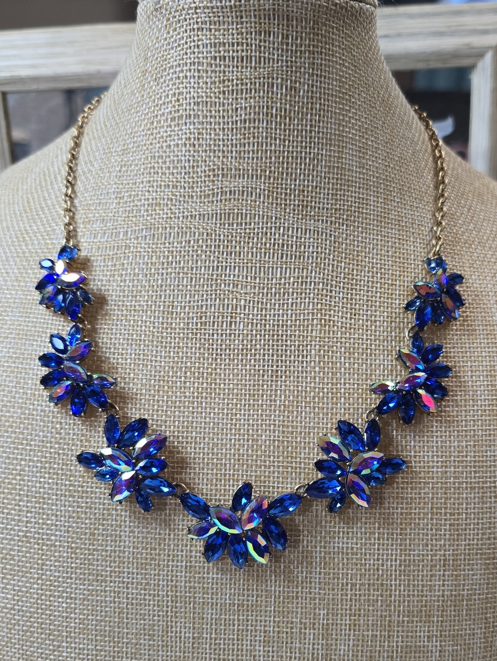 J. Crew Blue AB Rhinestone Floral Chunky Statement Necklace